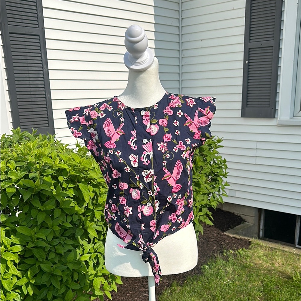 Floral Tie-Front Top - Navy and Pink